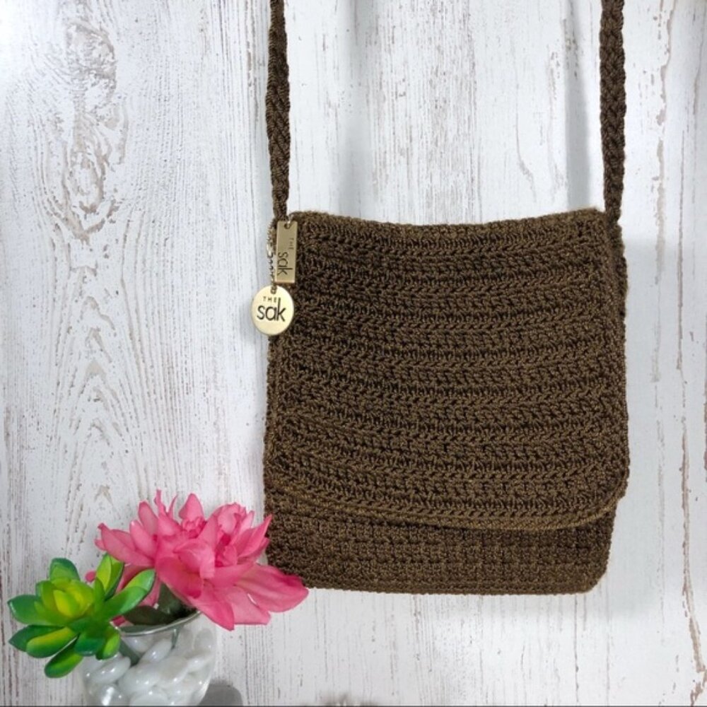 THE SAK brown crochet flap crossbody boho purse